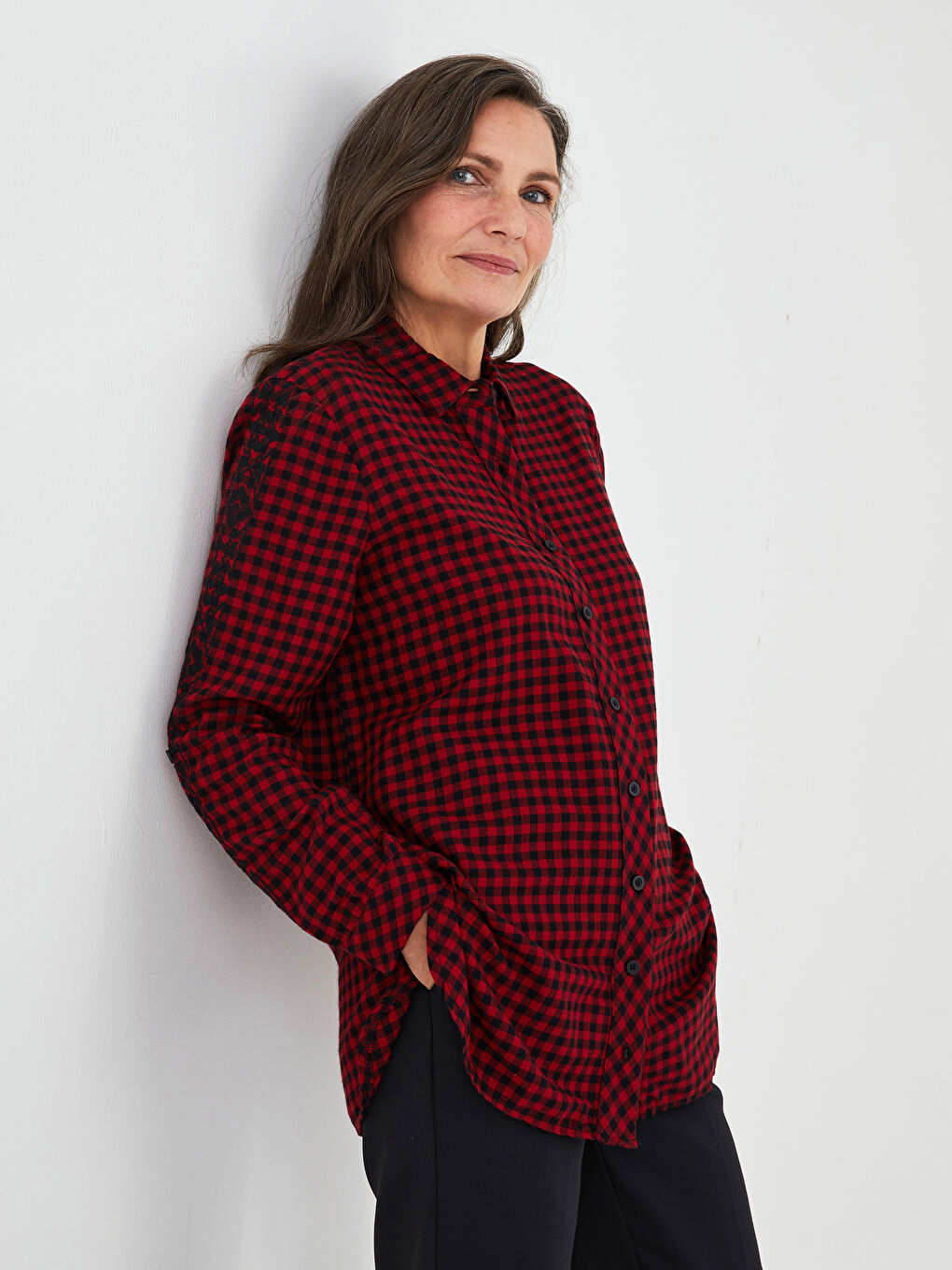 Plaid Long Sleeve Women's Shirt Tunic -W1IR22Z8-LPA