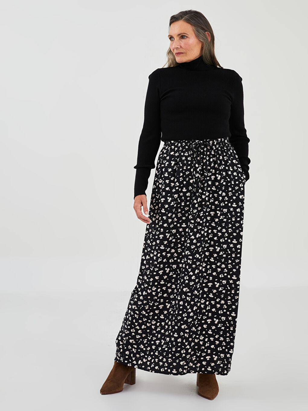 Elastic Waist Tie Detail Patterned A-Line Viscose Women's Skirt