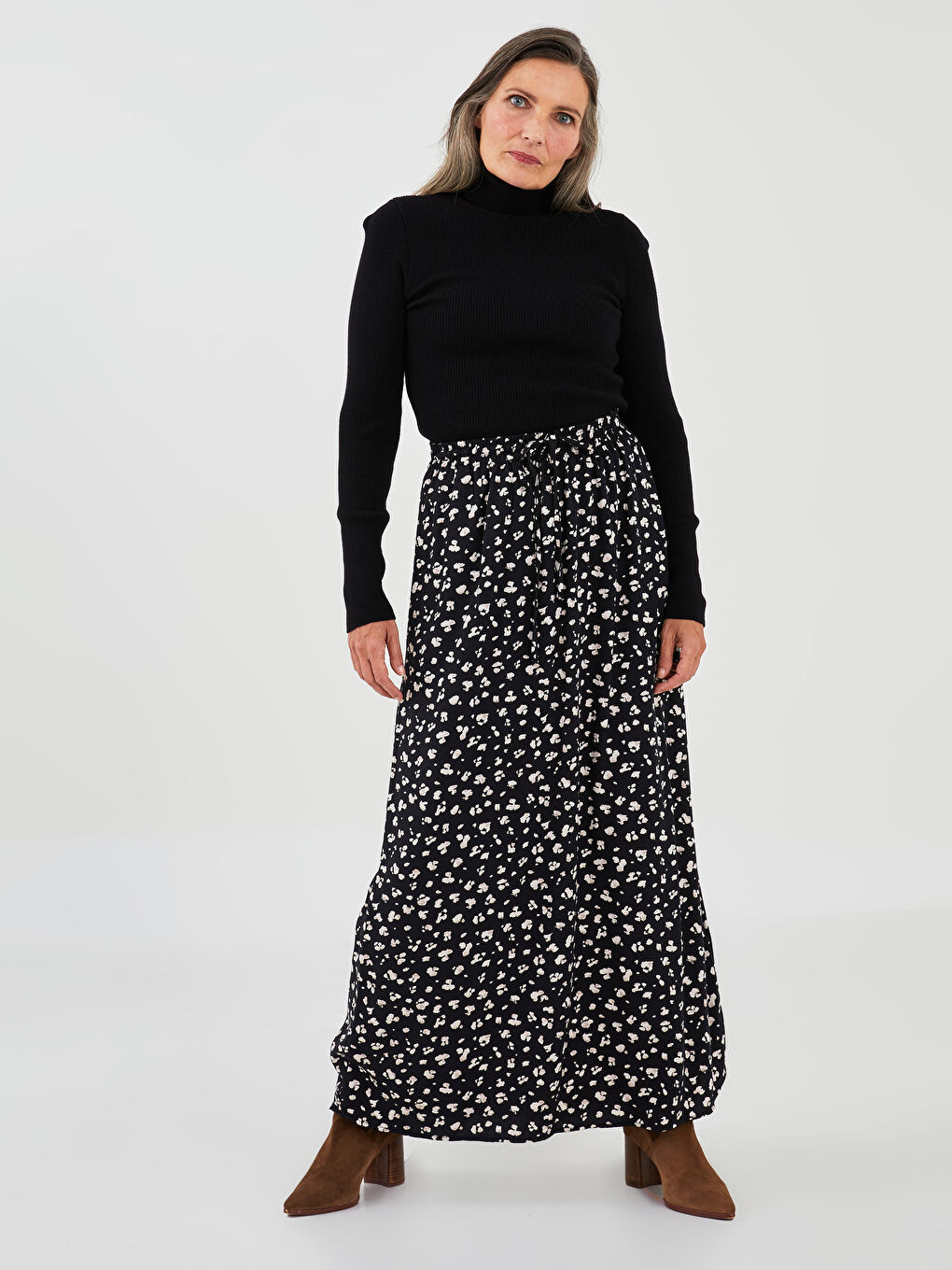 Elastic Waist Tie Detail Patterned A-Line Viscose Women's Skirt-1