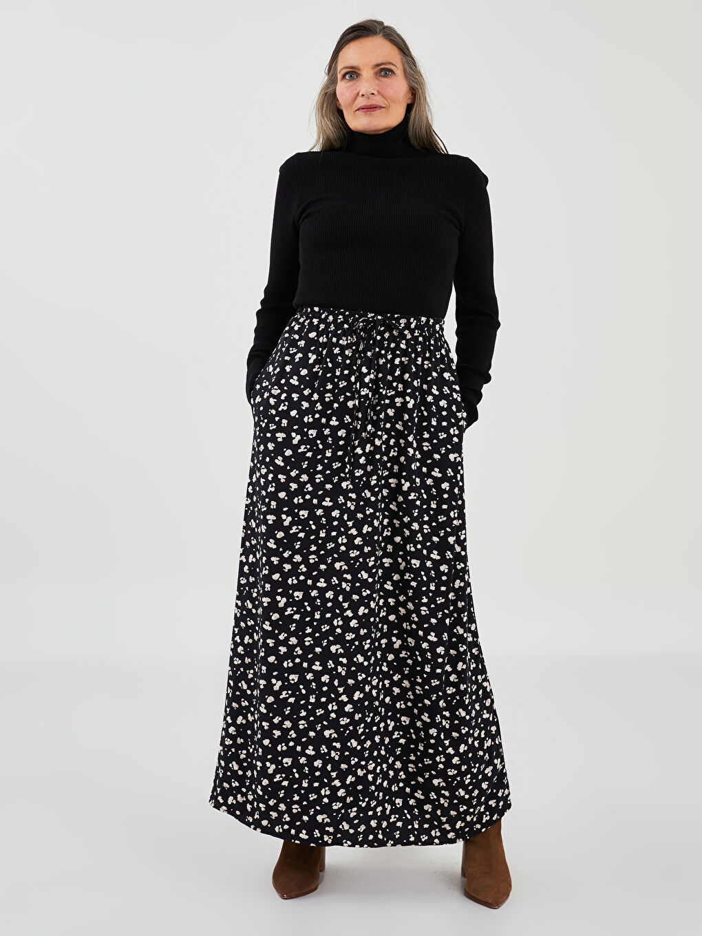 Elastic Waist Tie Detail Patterned A-Line Viscose Women's Skirt-2