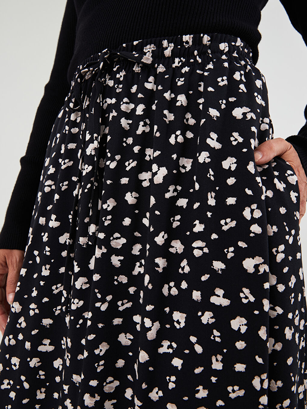 Elastic Waist Tie Detail Patterned A-Line Viscose Women's Skirt-3