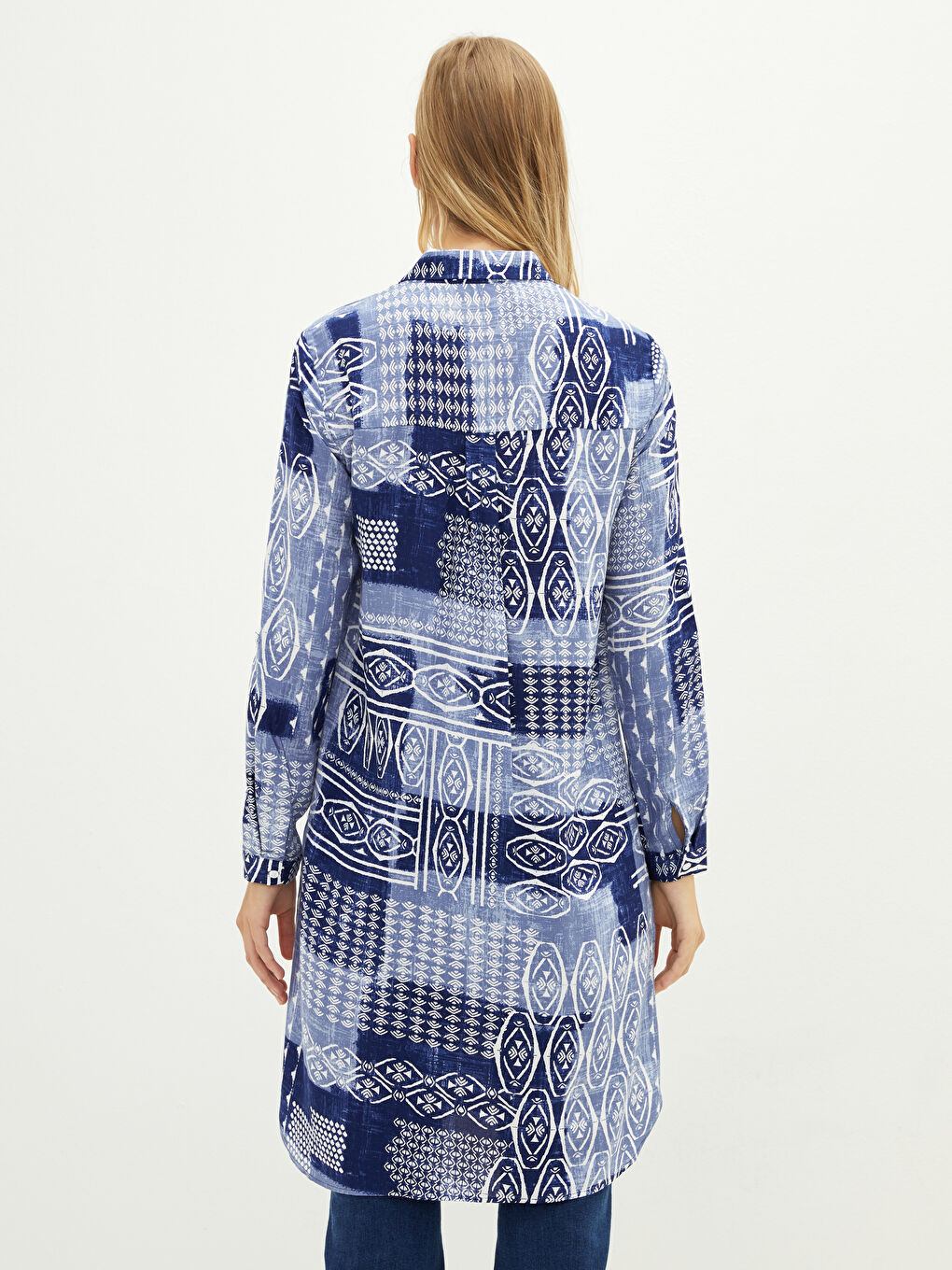 Mavi Desenli Uzun Kollu Viskon Kadın Gömlek Tunik-4