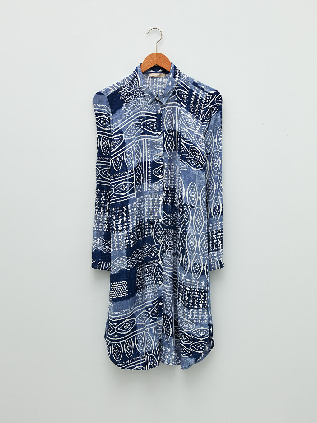 Mavi Desenli Uzun Kollu Viskon Kadın Gömlek Tunik-5