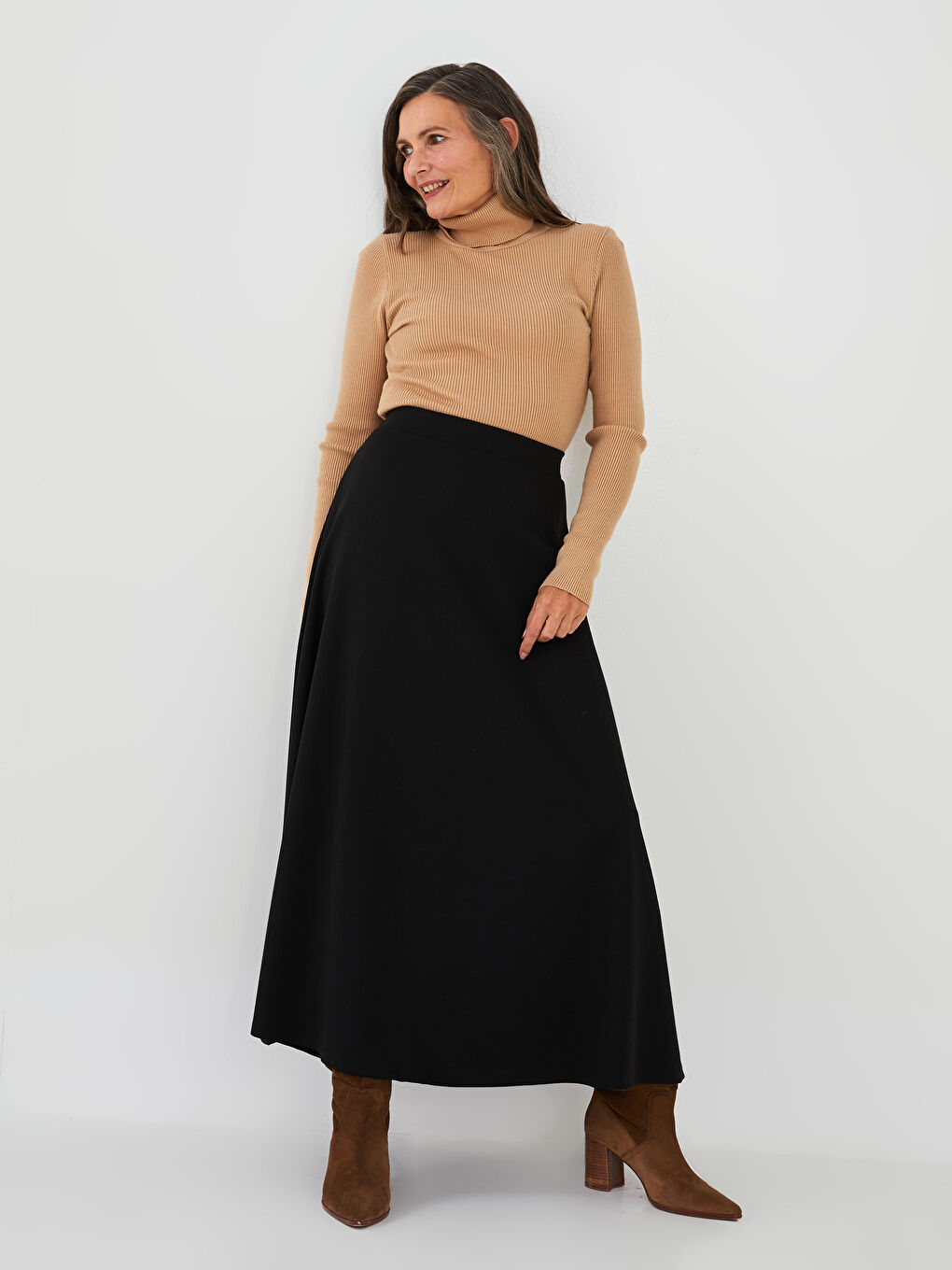 Elastic Waist Plain Ponte Fabric Women's Flared Skirt