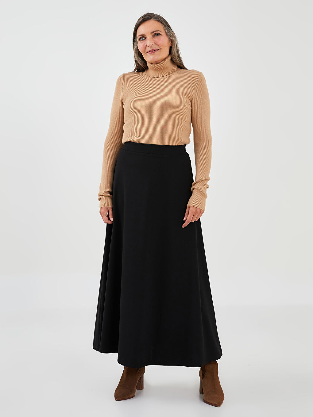 Elastic Waist Plain Ponte Fabric Women's Flared Skirt-1