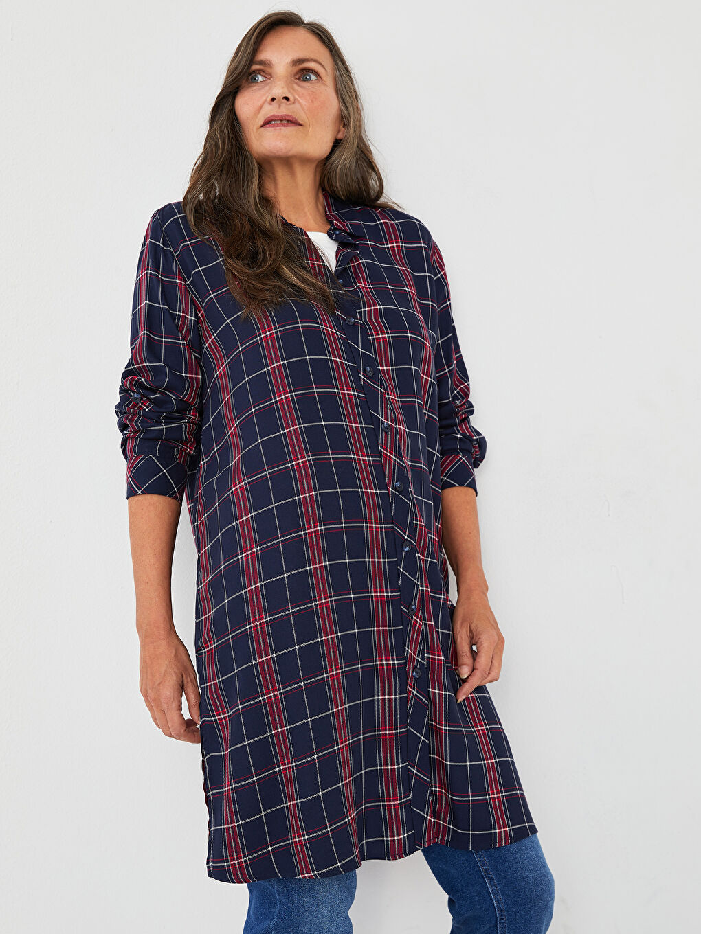 تونيك قميص نسائي كم طويل كارو فيسكوز-1