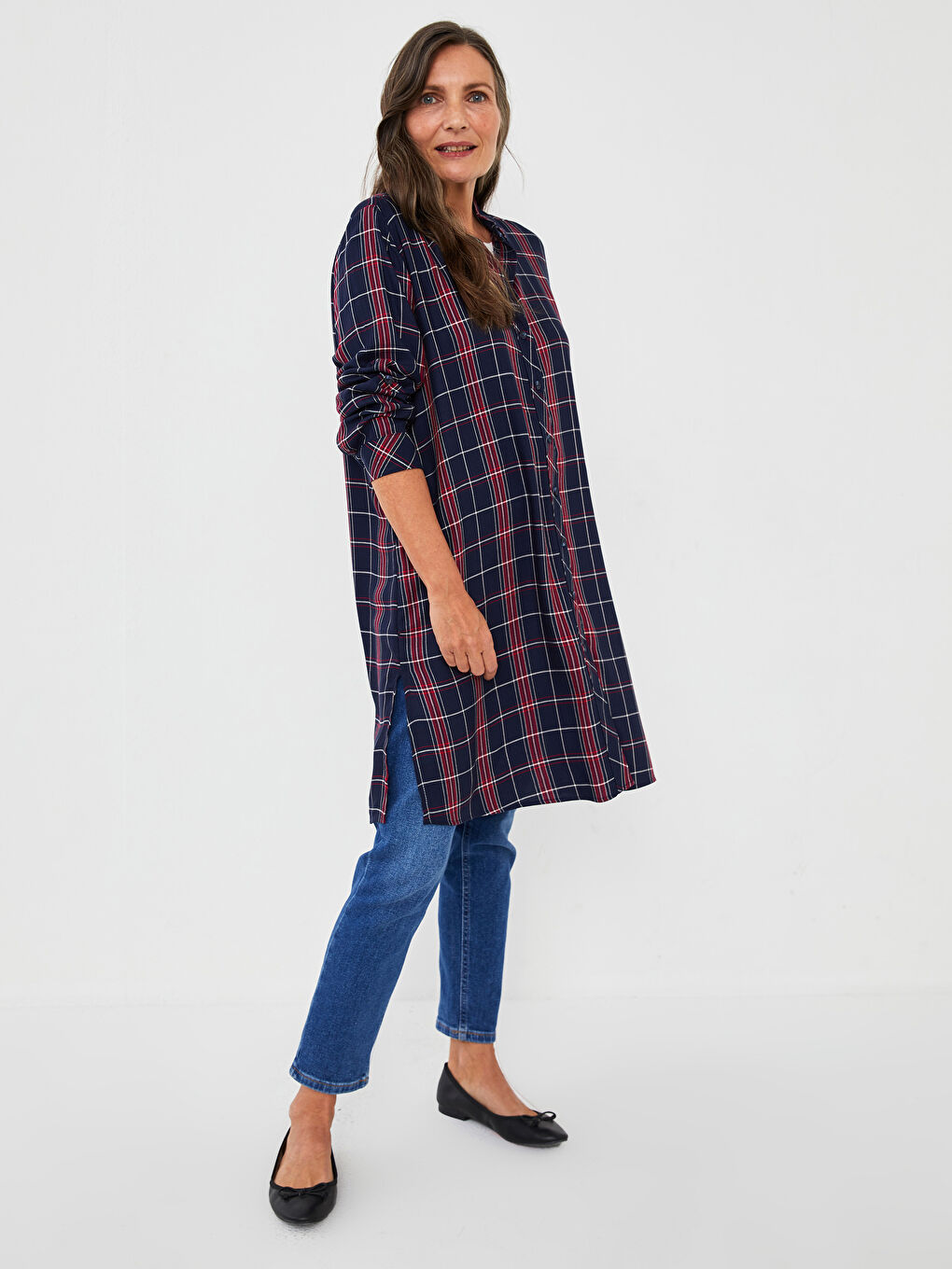 تونيك قميص نسائي كم طويل كارو فيسكوز-2