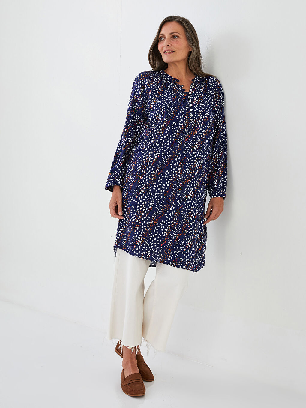 تونيك نسائي بياقة الجد كم طويل مطبوع فيسكوز-4