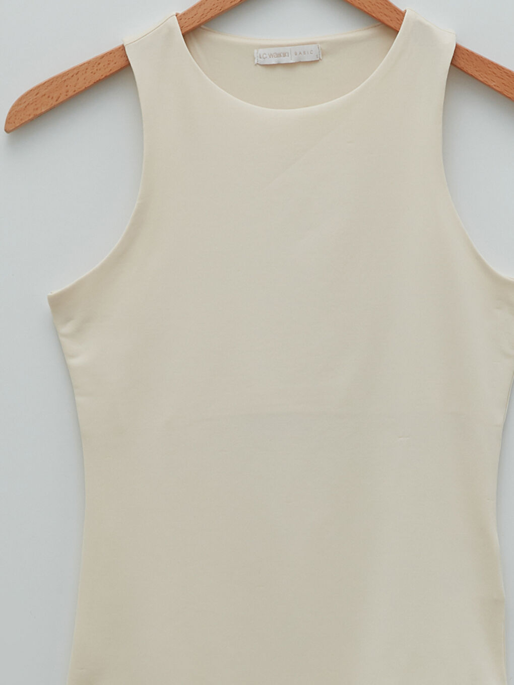 Bej Bisiklet Yaka Düz Kolsuz Çıt Çıtlı Kadın Bodysuit-7