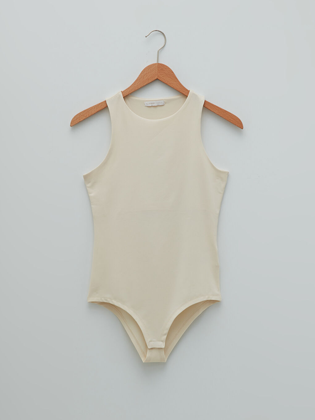 Bej Bisiklet Yaka Düz Kolsuz Çıt Çıtlı Kadın Bodysuit-5