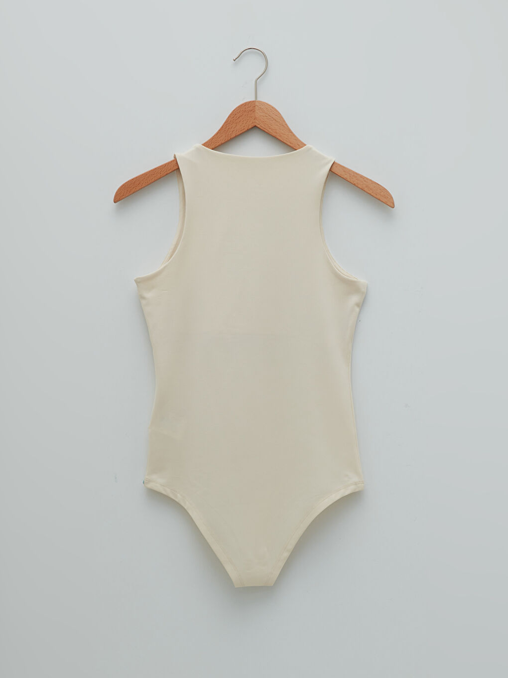 Bej Bisiklet Yaka Düz Kolsuz Çıt Çıtlı Kadın Bodysuit-6