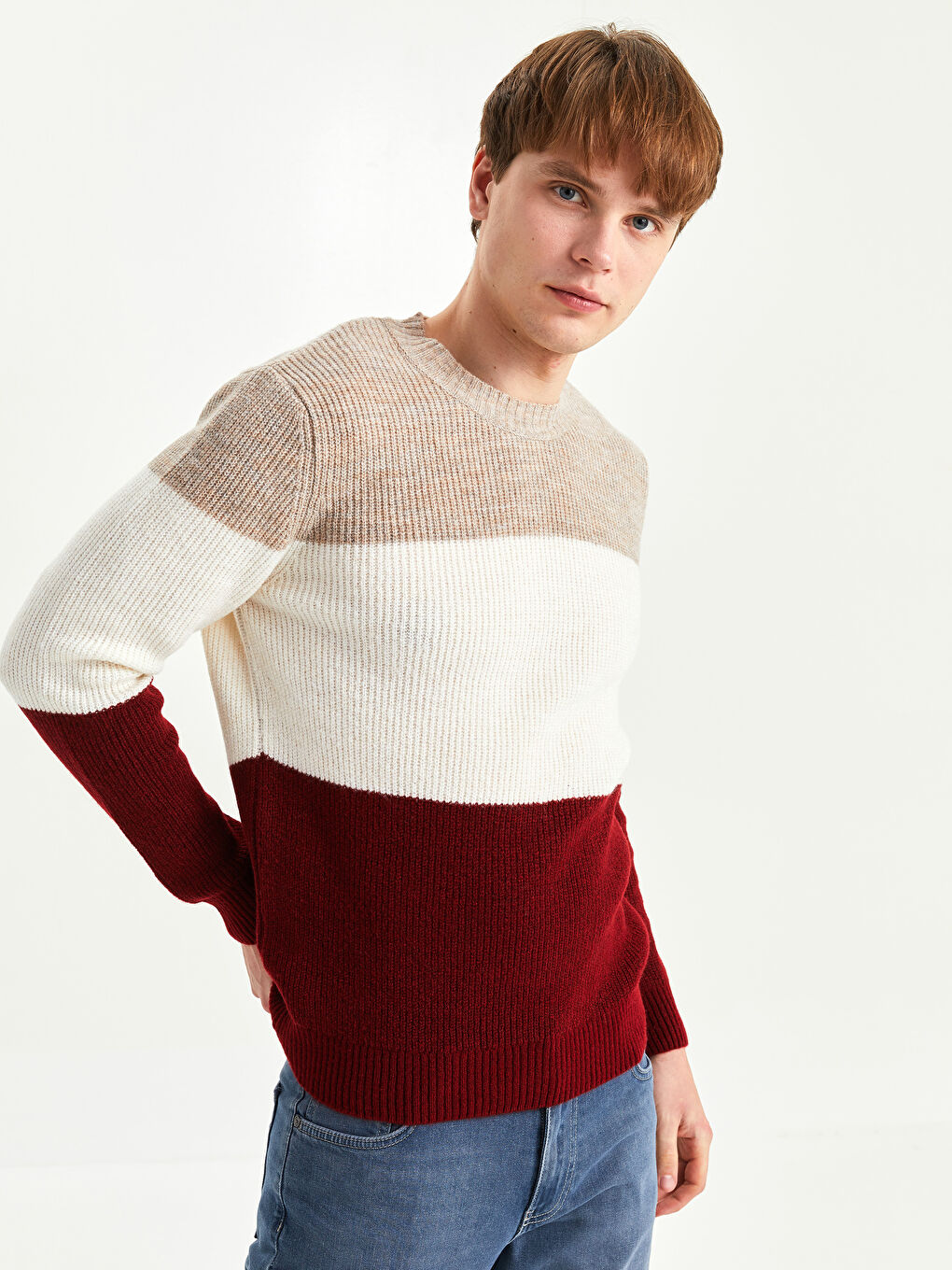 Bordo Bisiklet Yaka Uzun Kollu Renk Bloklu Erkek Triko Kazak-1