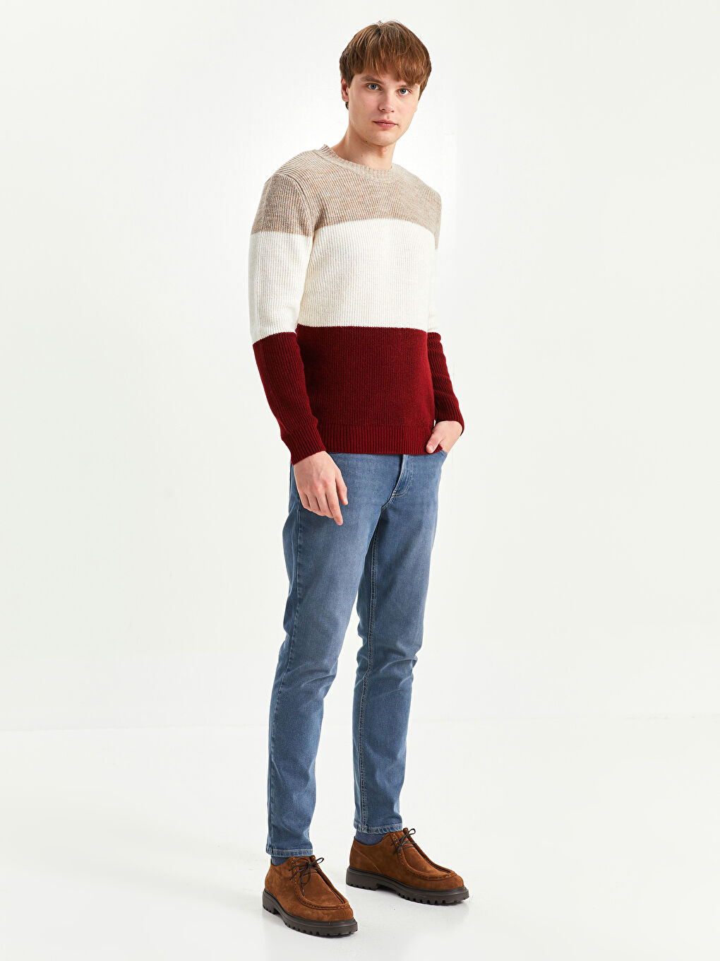 Bordo Bisiklet Yaka Uzun Kollu Renk Bloklu Erkek Triko Kazak-3