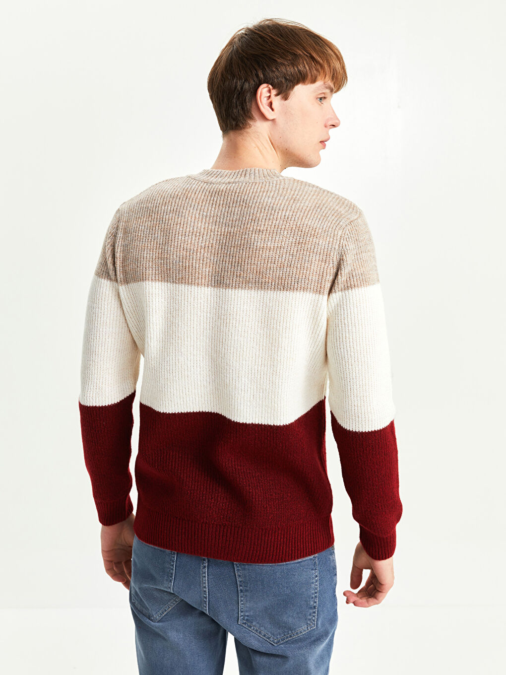 Bordo Bisiklet Yaka Uzun Kollu Renk Bloklu Erkek Triko Kazak-4