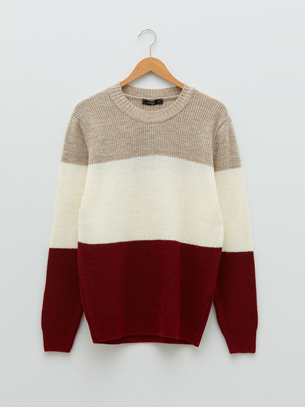 Bordo Bisiklet Yaka Uzun Kollu Renk Bloklu Erkek Triko Kazak-5