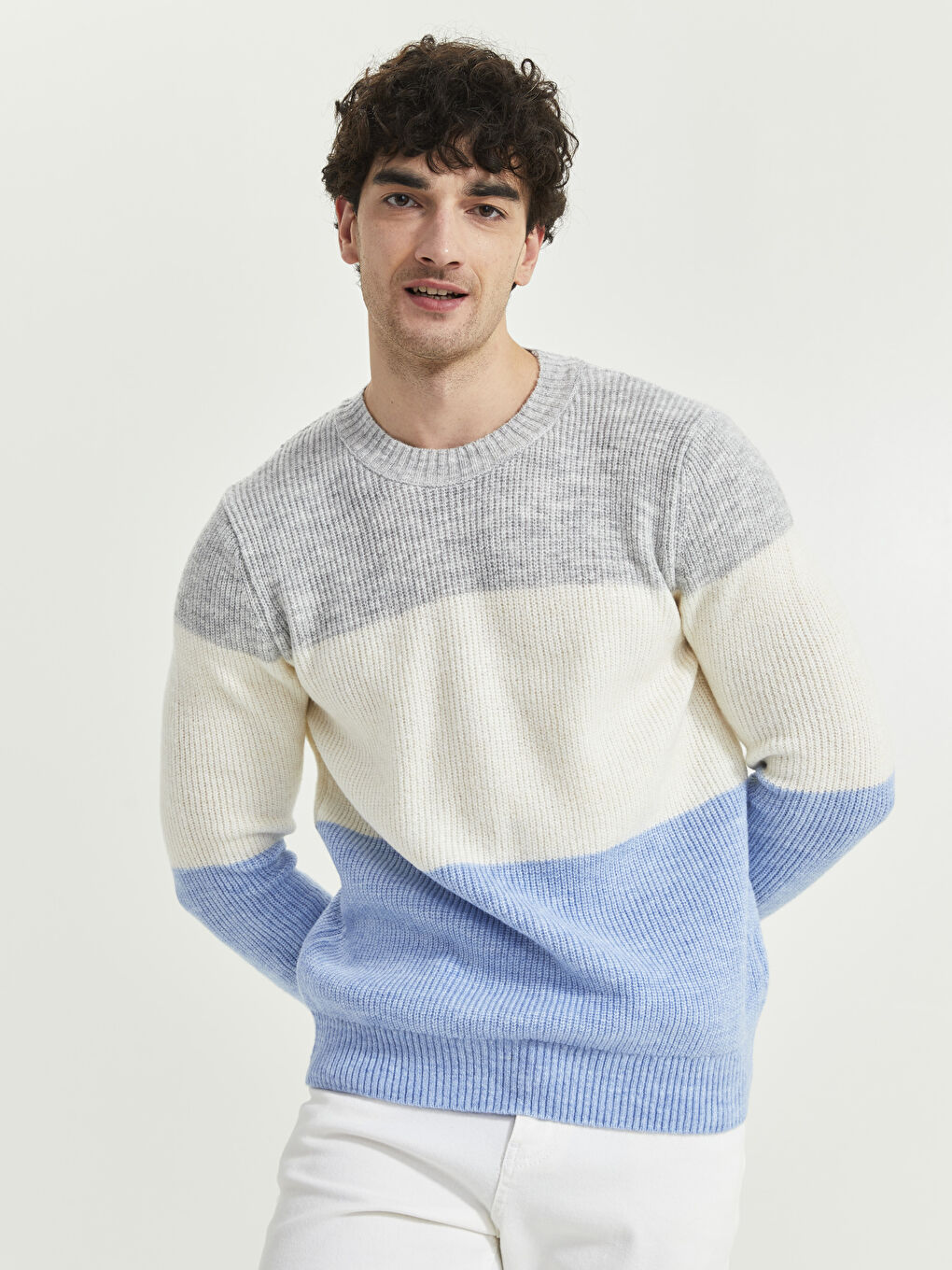 Crew Neck Long Sleeve Color Block Men's Knitwear Sweater-1
