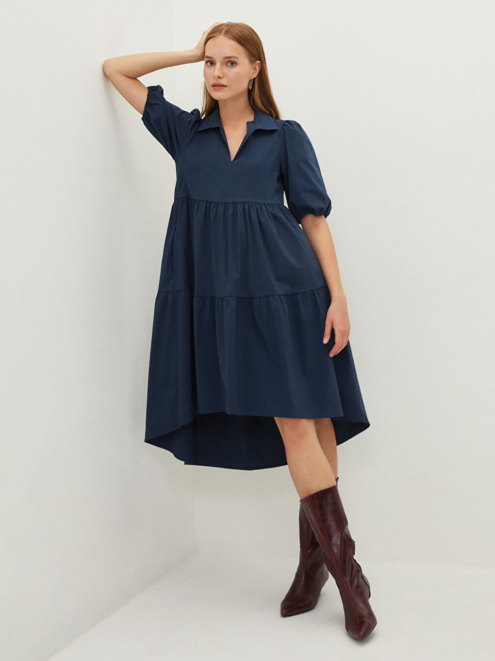 Lacivert Gömlek Yaka Düz Kısa Kollu Poplin Kadın Elbise