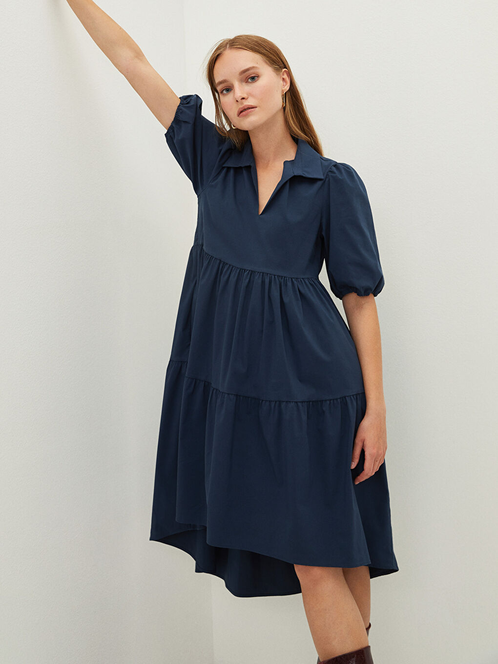 Lacivert Gömlek Yaka Düz Kısa Kollu Poplin Kadın Elbise-1