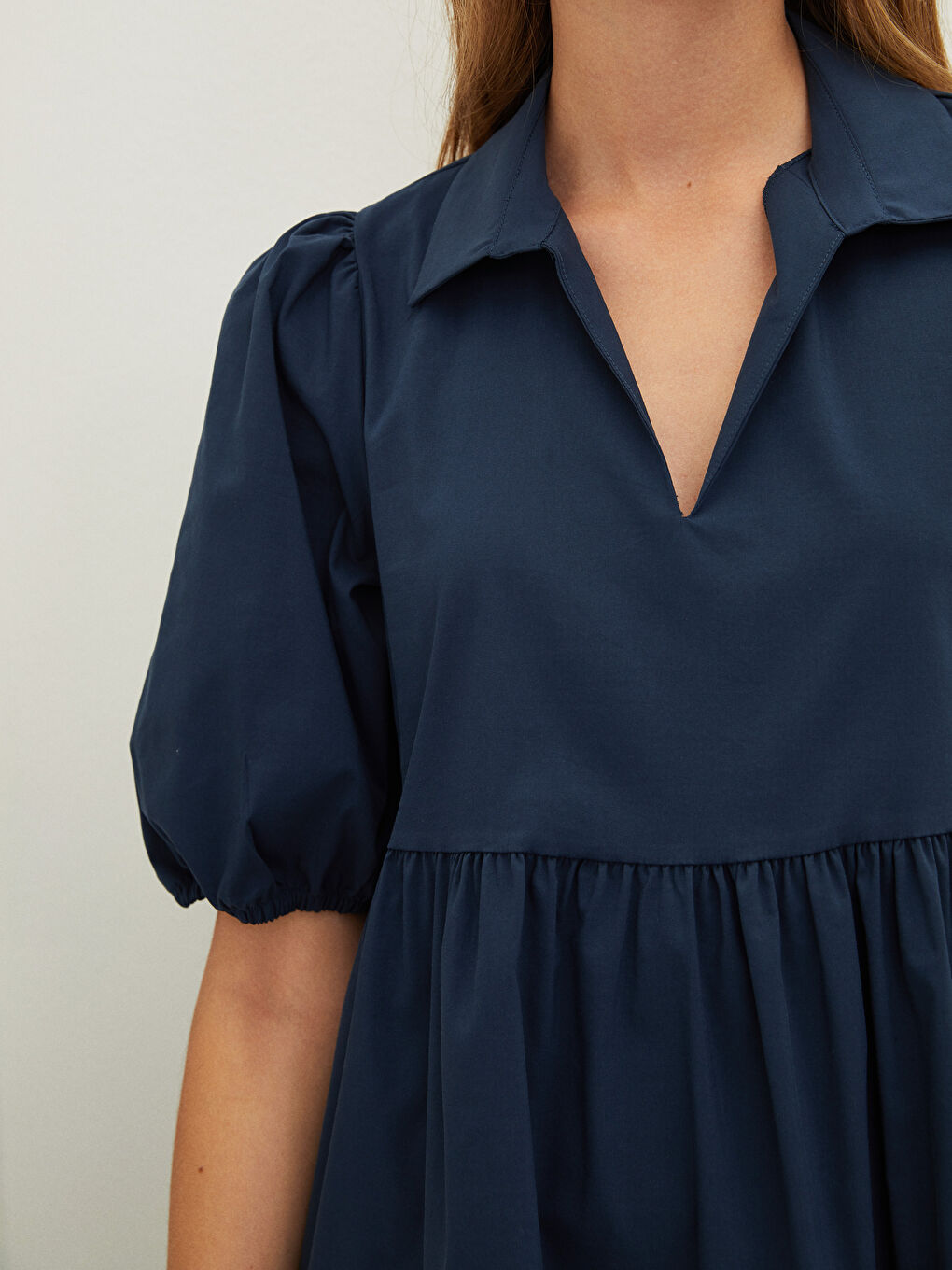 Lacivert Gömlek Yaka Düz Kısa Kollu Poplin Kadın Elbise-2