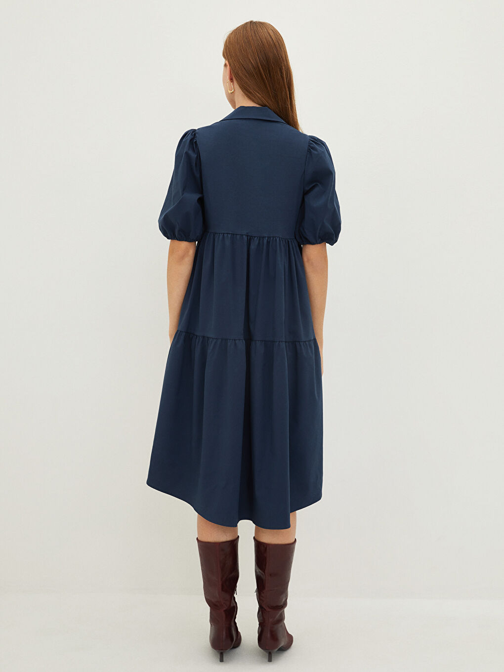 Lacivert Gömlek Yaka Düz Kısa Kollu Poplin Kadın Elbise-3