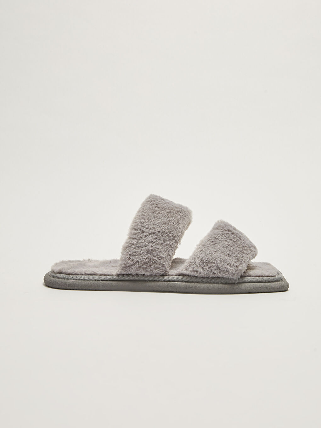 Gri Çift Bantlı Pelüş Kadın Ev Terliği-1