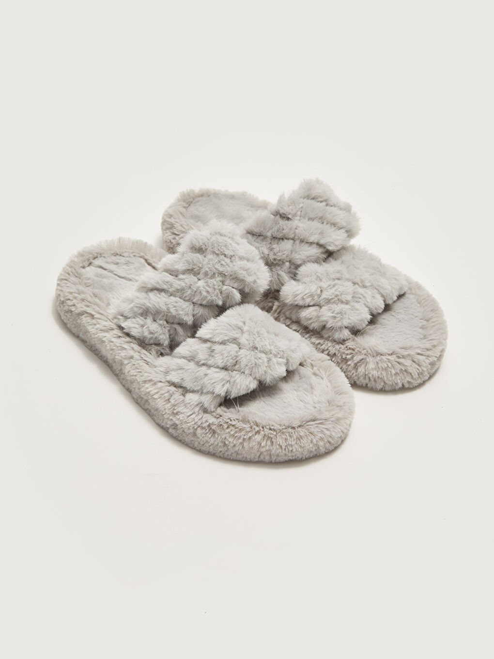 Gri Çift Bantlı Pelüş Kadın Ev Terliği