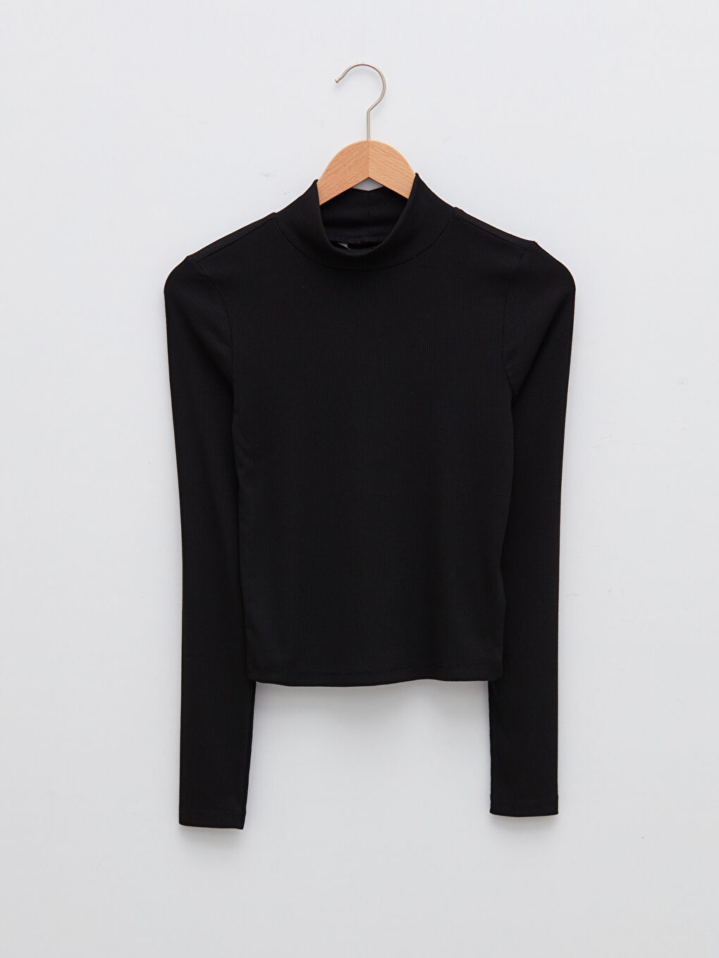 Siyah Dik Yaka Düz Uzun Kollu Kadın Tişört-5