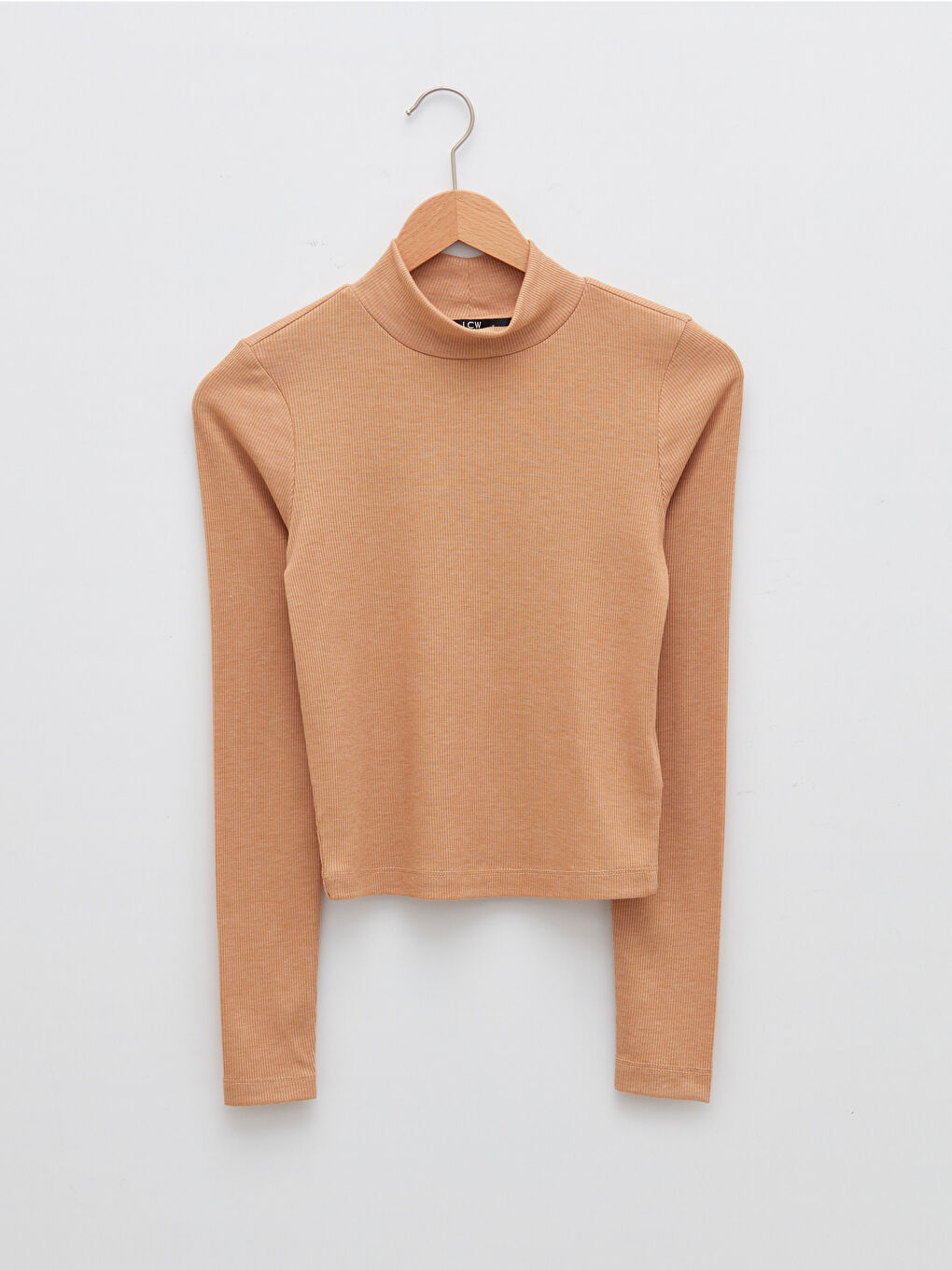 Bej Dik Yaka Düz Uzun Kollu Kadın Tişört-5