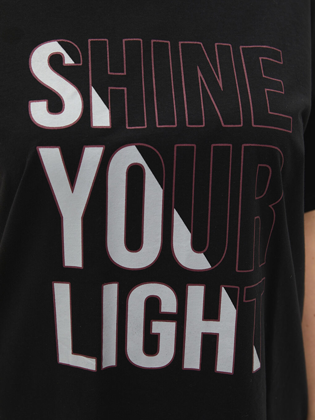 Siyah Büyük Beden Bisiklet Yaka Yazı Baskılı Kısa Kollu Pamuklu Kadın Tişört-3