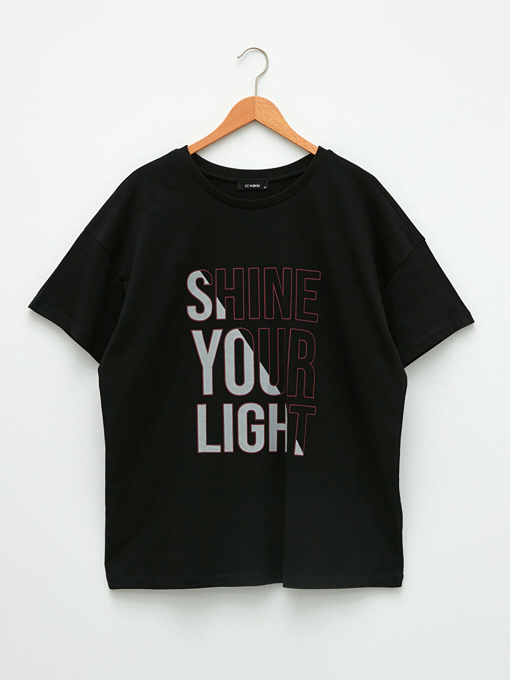 Siyah Büyük Beden Bisiklet Yaka Yazı Baskılı Kısa Kollu Pamuklu Kadın Tişört-5