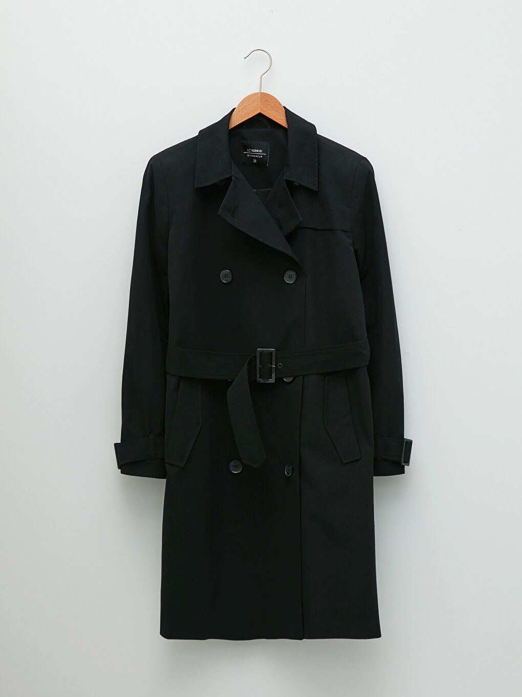 Siyah Ceket Yaka Düz Beli Kemerli Cep Detaylı Uzun Kollu Kadın Trençkot-6