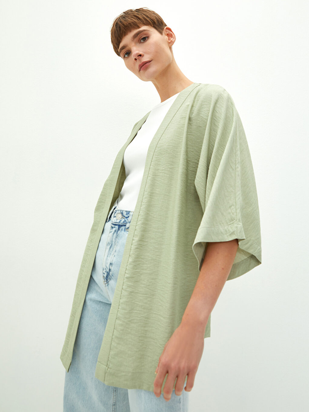 Yeşil Kadın Şal Yaka Düz Kimono