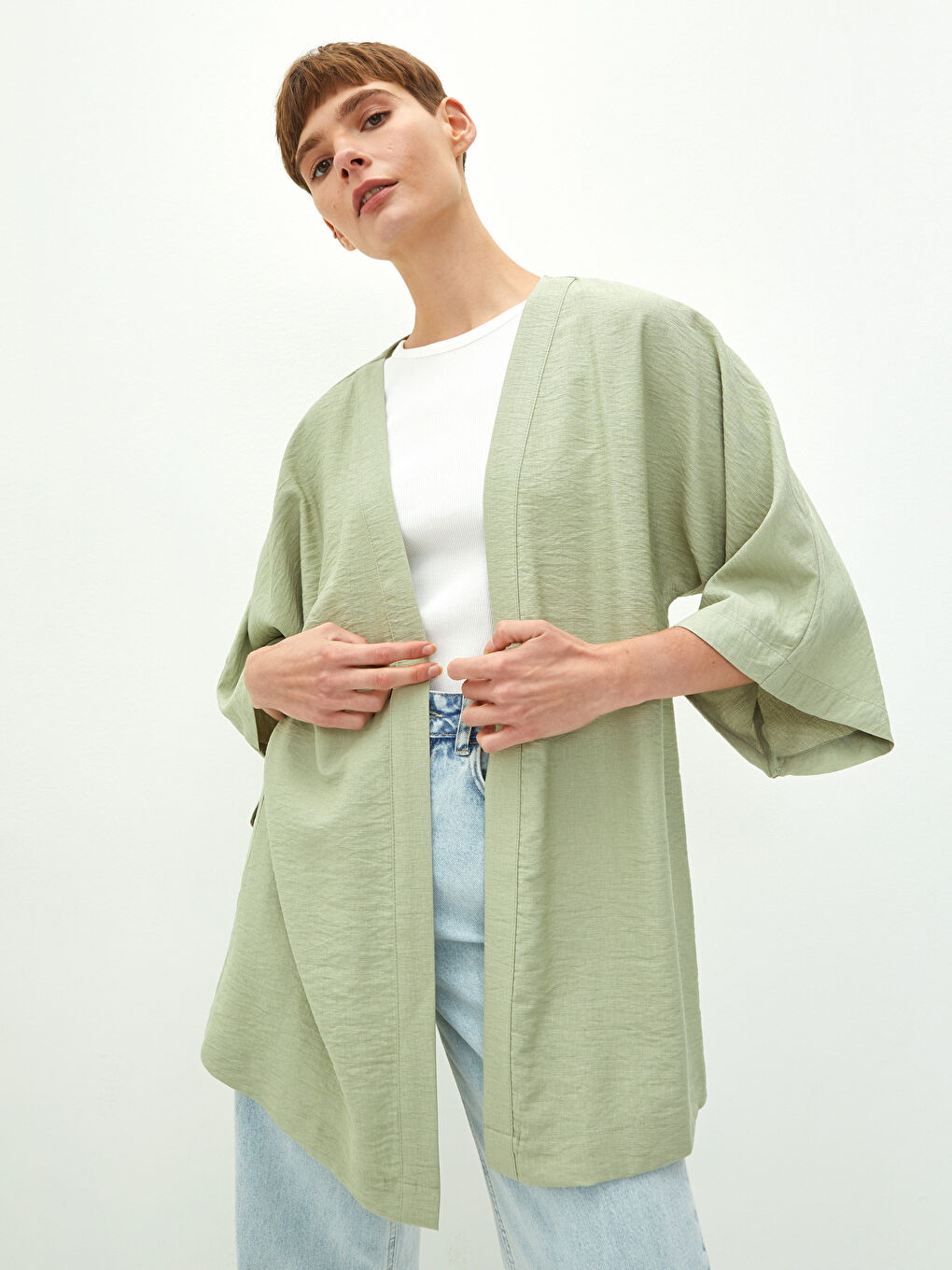 Yeşil Kadın Şal Yaka Düz Kimono-1