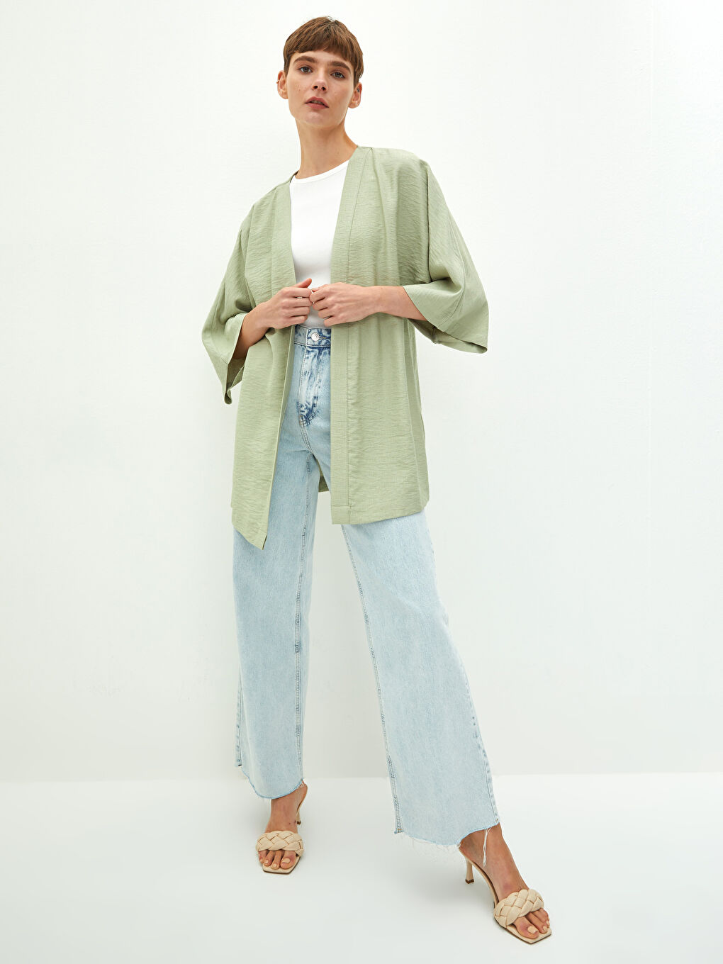 Yeşil Kadın Şal Yaka Düz Kimono-2