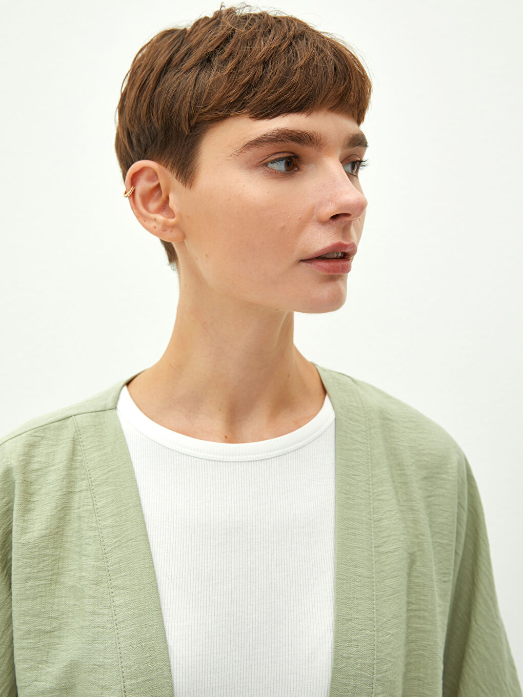 Yeşil Kadın Şal Yaka Düz Kimono-3