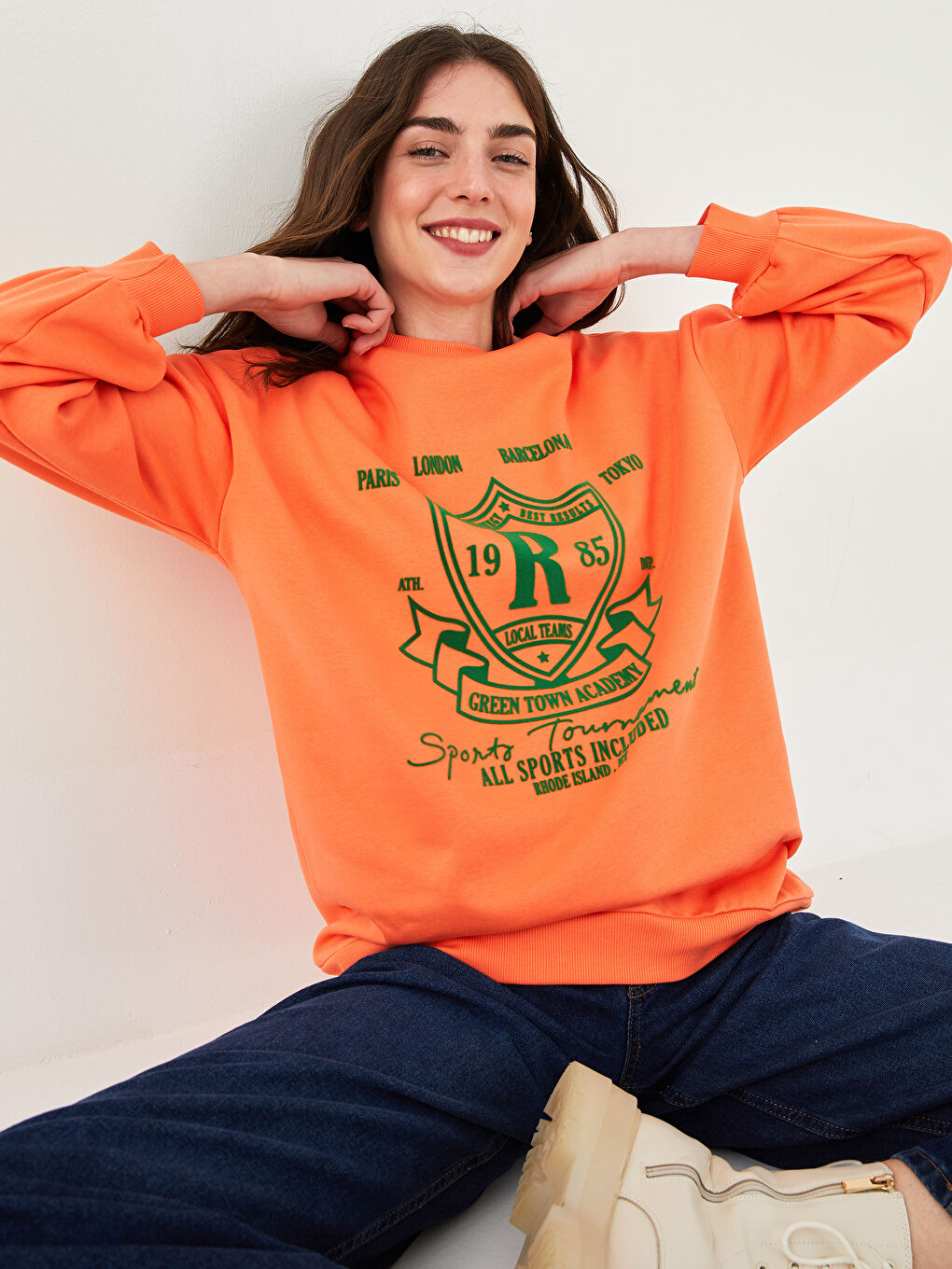 Mercan Bisiklet Yaka Baskılı Kadın Kalın Sweatshirt