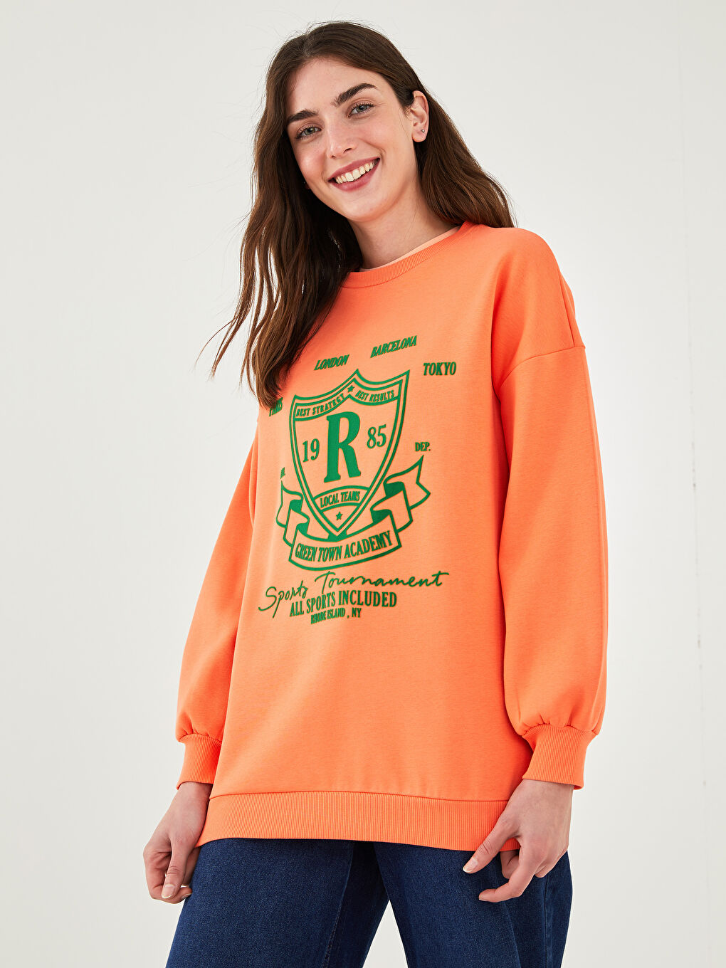 Mercan Bisiklet Yaka Baskılı Kadın Kalın Sweatshirt-1