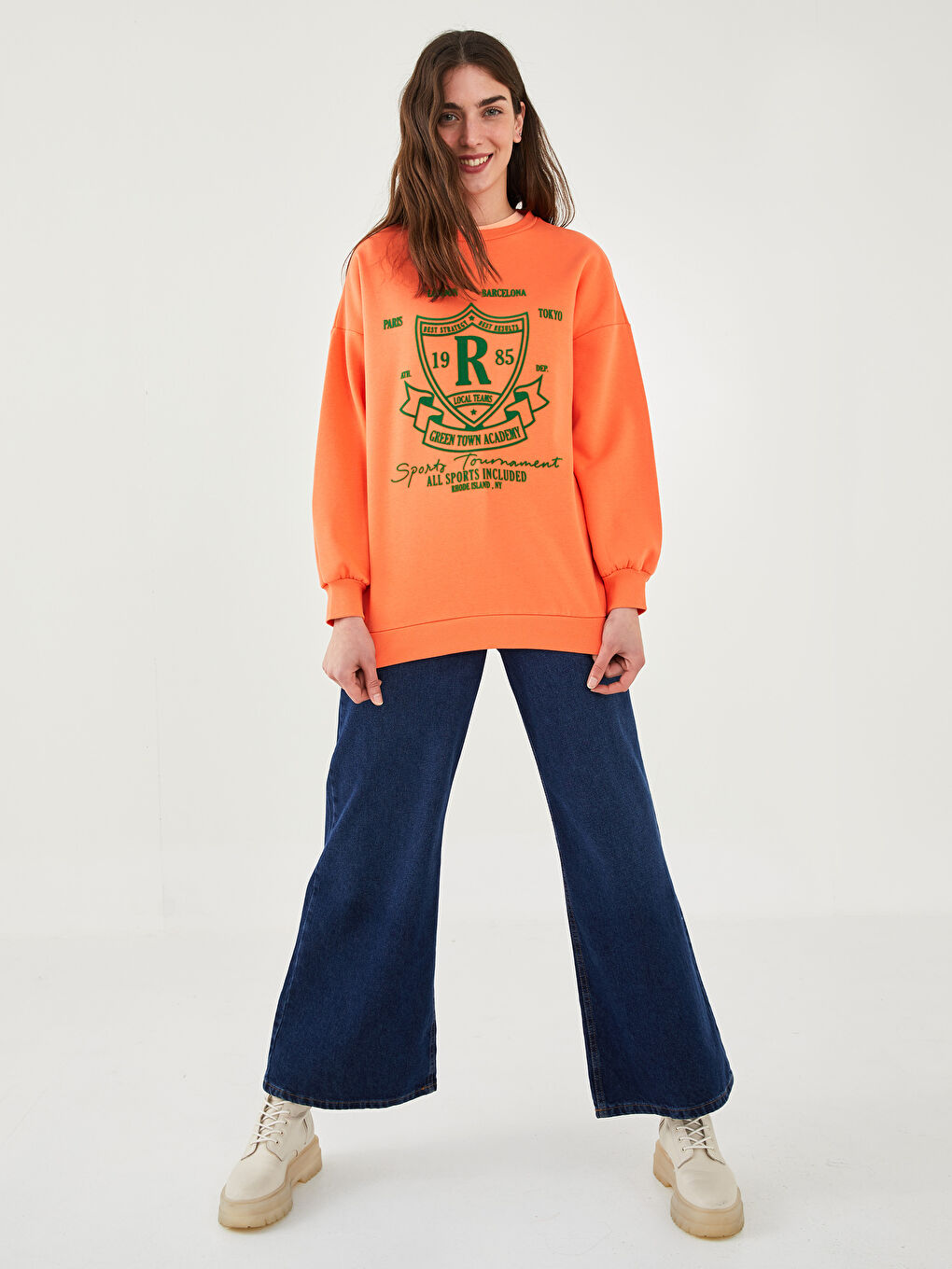 Mercan Bisiklet Yaka Baskılı Kadın Kalın Sweatshirt-2