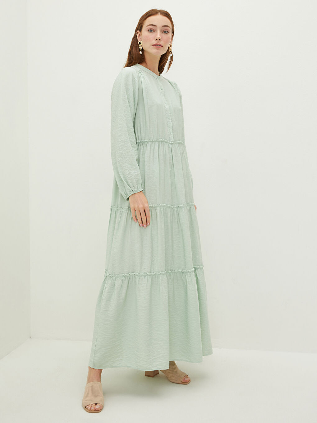 Yeşil Hakim Yaka Düz Uzun Kollu Kadın Elbise-2