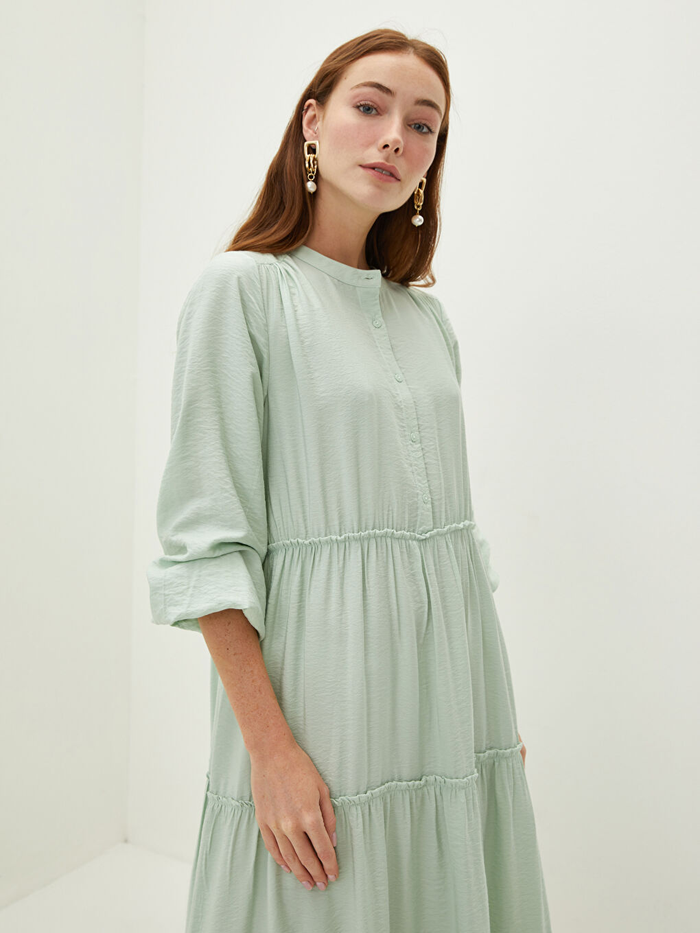 Yeşil Hakim Yaka Düz Uzun Kollu Kadın Elbise-3