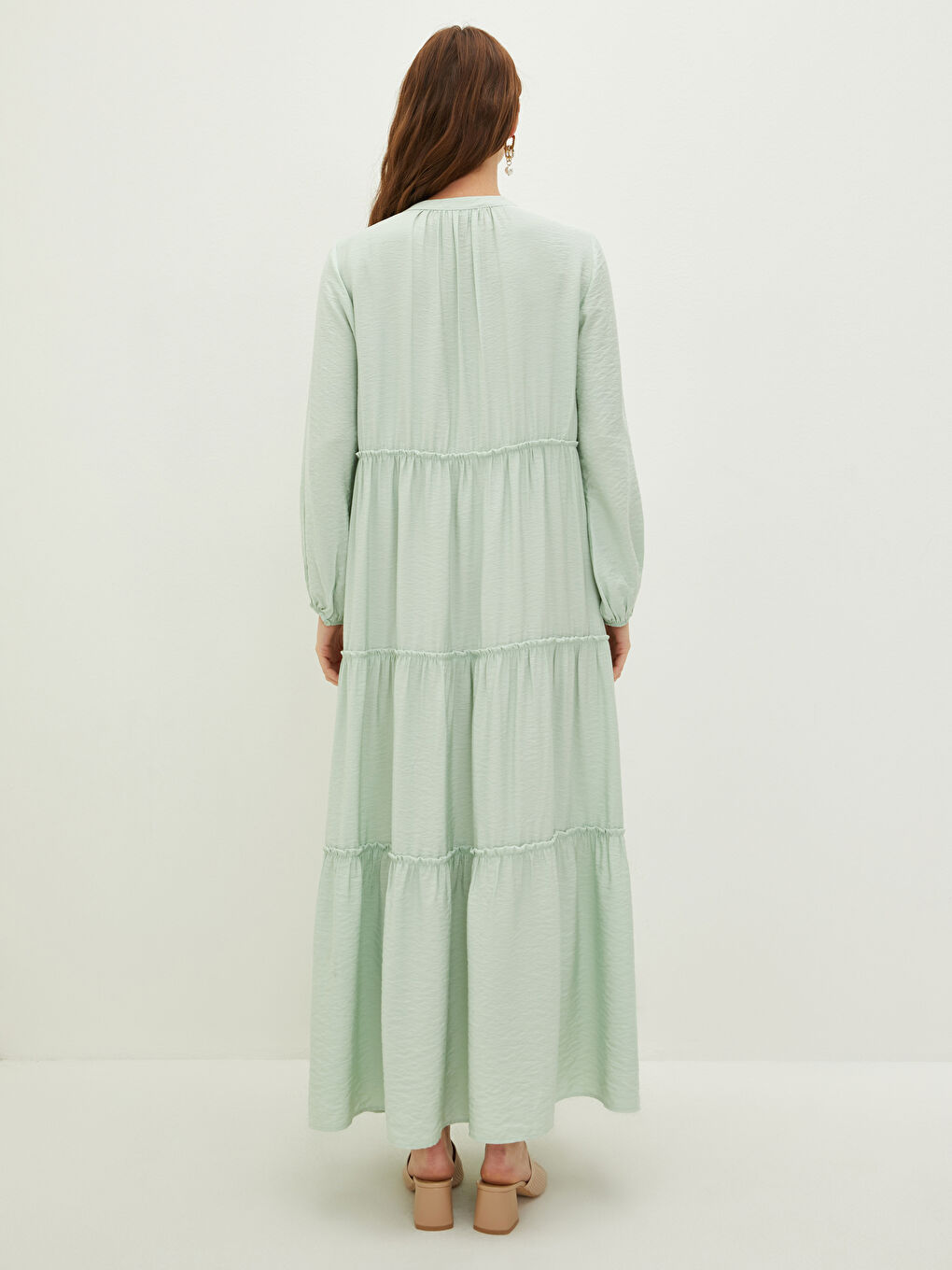 Yeşil Hakim Yaka Düz Uzun Kollu Kadın Elbise-4