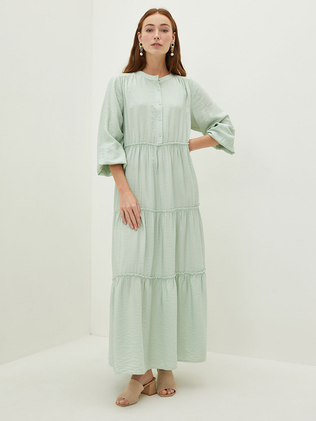 Yeşil Hakim Yaka Düz Uzun Kollu Kadın Elbise