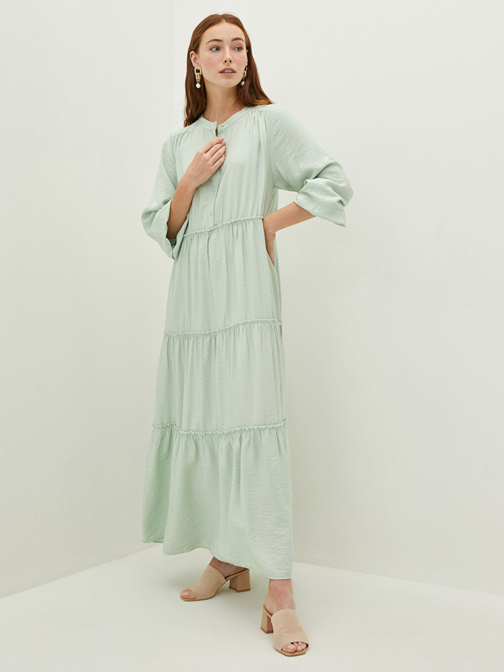 Yeşil Hakim Yaka Düz Uzun Kollu Kadın Elbise-1