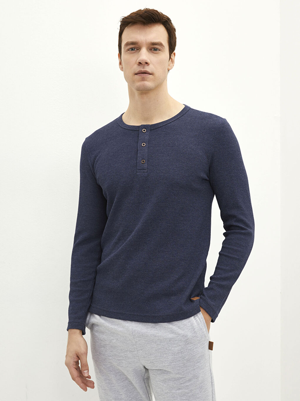 İndigo Bisiklet Yaka Uzun Kollu Erkek Pijama Üst-1