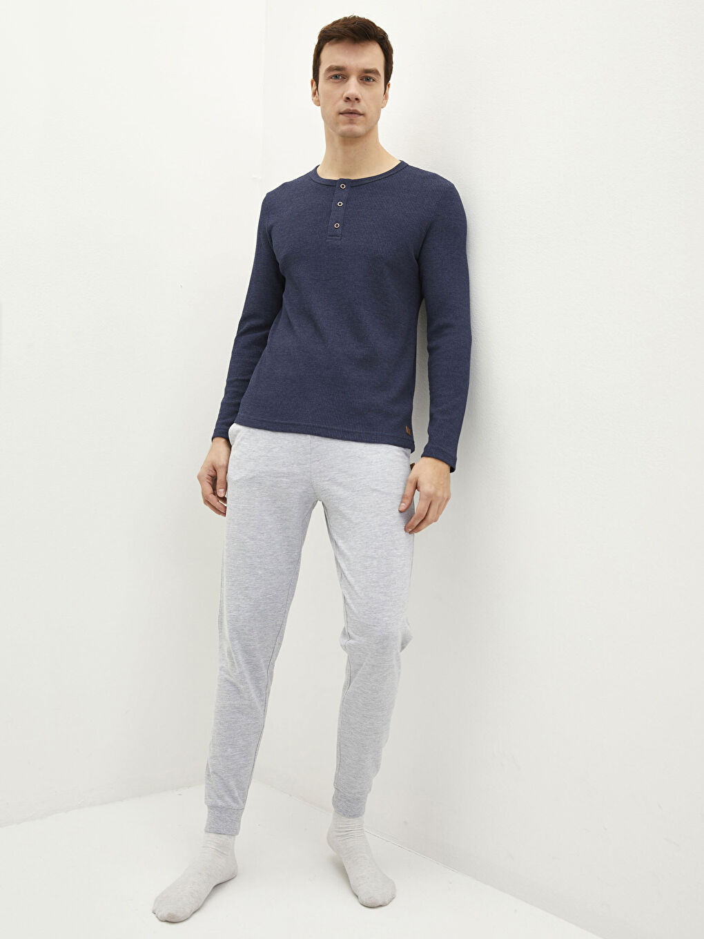 İndigo Bisiklet Yaka Uzun Kollu Erkek Pijama Üst-2