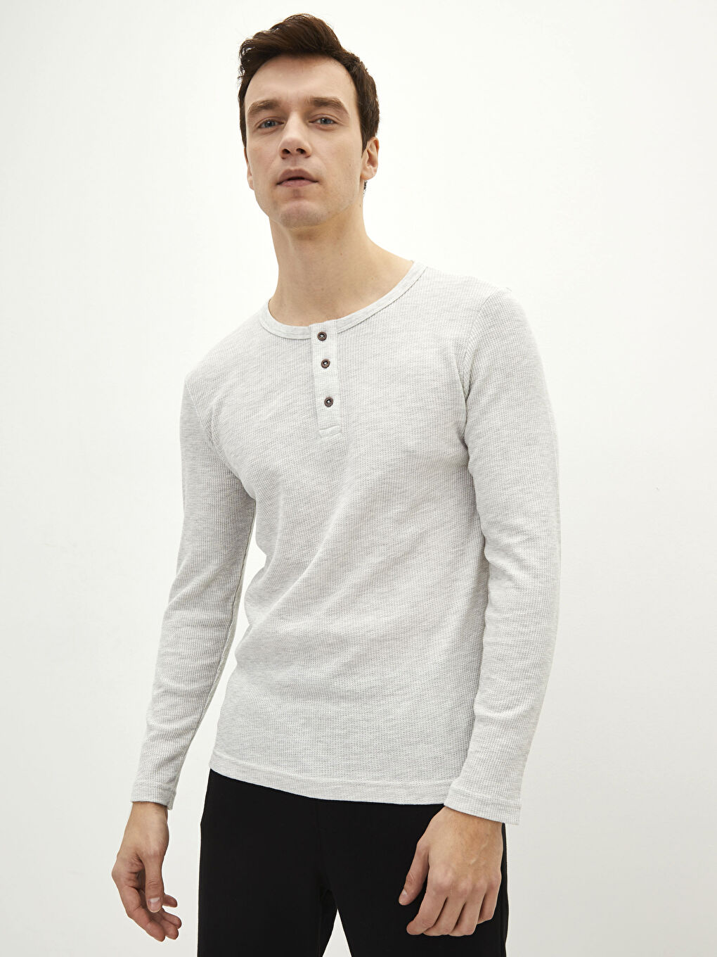 Gri Bisiklet Yaka Uzun Kollu Erkek Pijama Üst-1