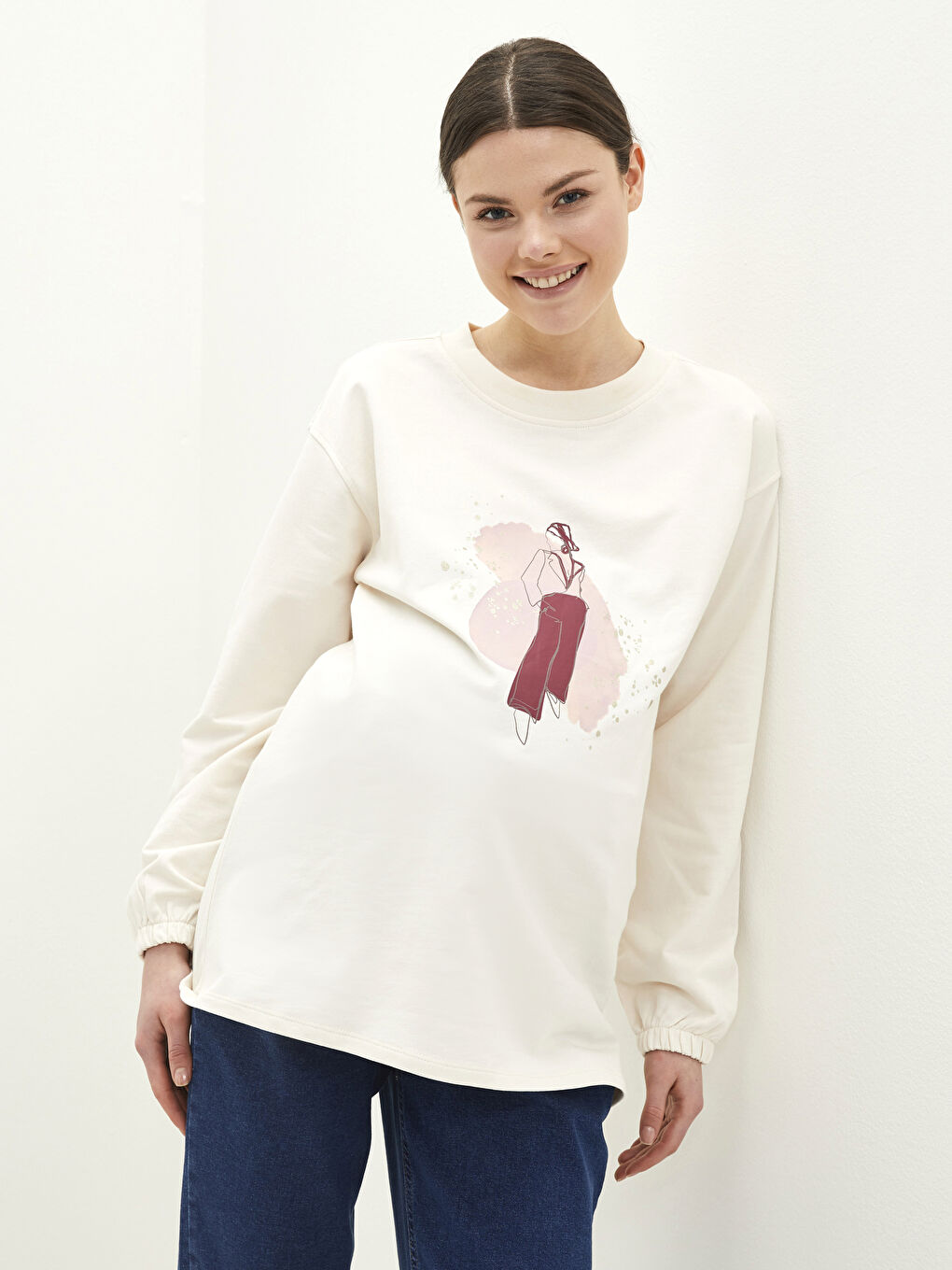 LCWAIKIKI Maternity Pembe Bisiklet Yaka Baskılı Uzun Kollu Hamile Sweatshirt