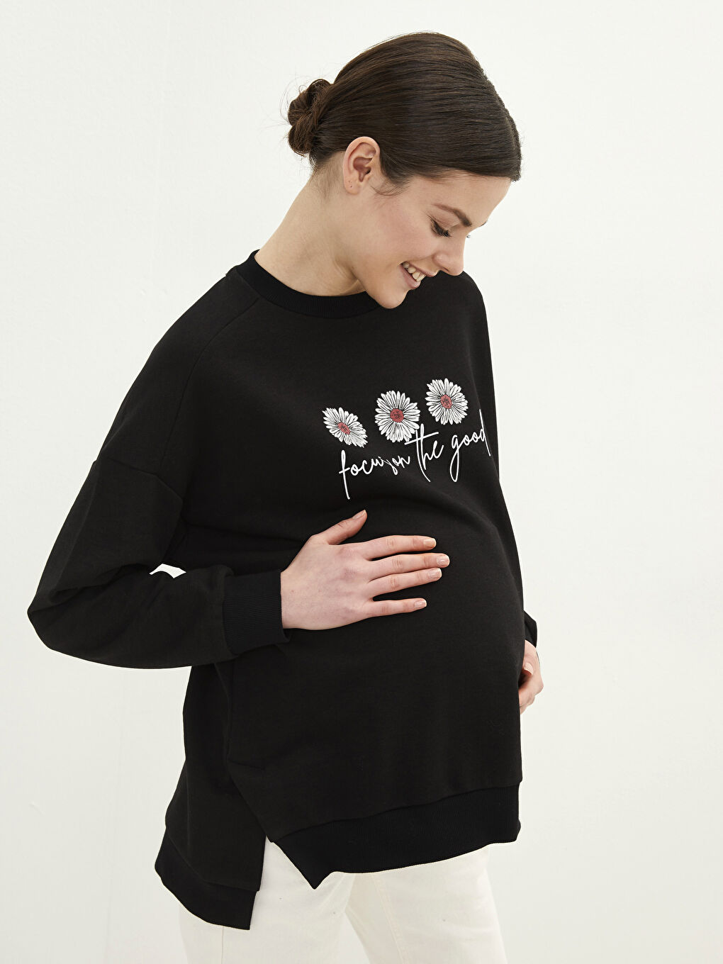 LCWAIKIKI Maternity Yeni Siyah Bisiklet Yaka Baskılı Uzun Kollu Hamile Sweatshirt - 1