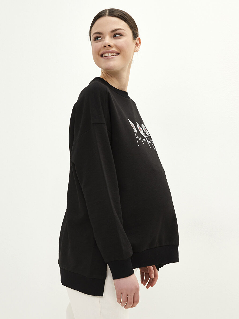 LCWAIKIKI Maternity Yeni Siyah Bisiklet Yaka Baskılı Uzun Kollu Hamile Sweatshirt - 2