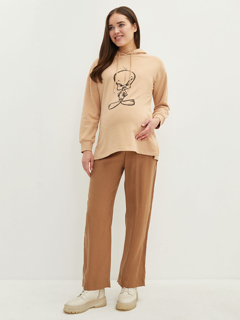 Bej Tweety Baskılı Uzun Kollu Hamile Hoodie-4